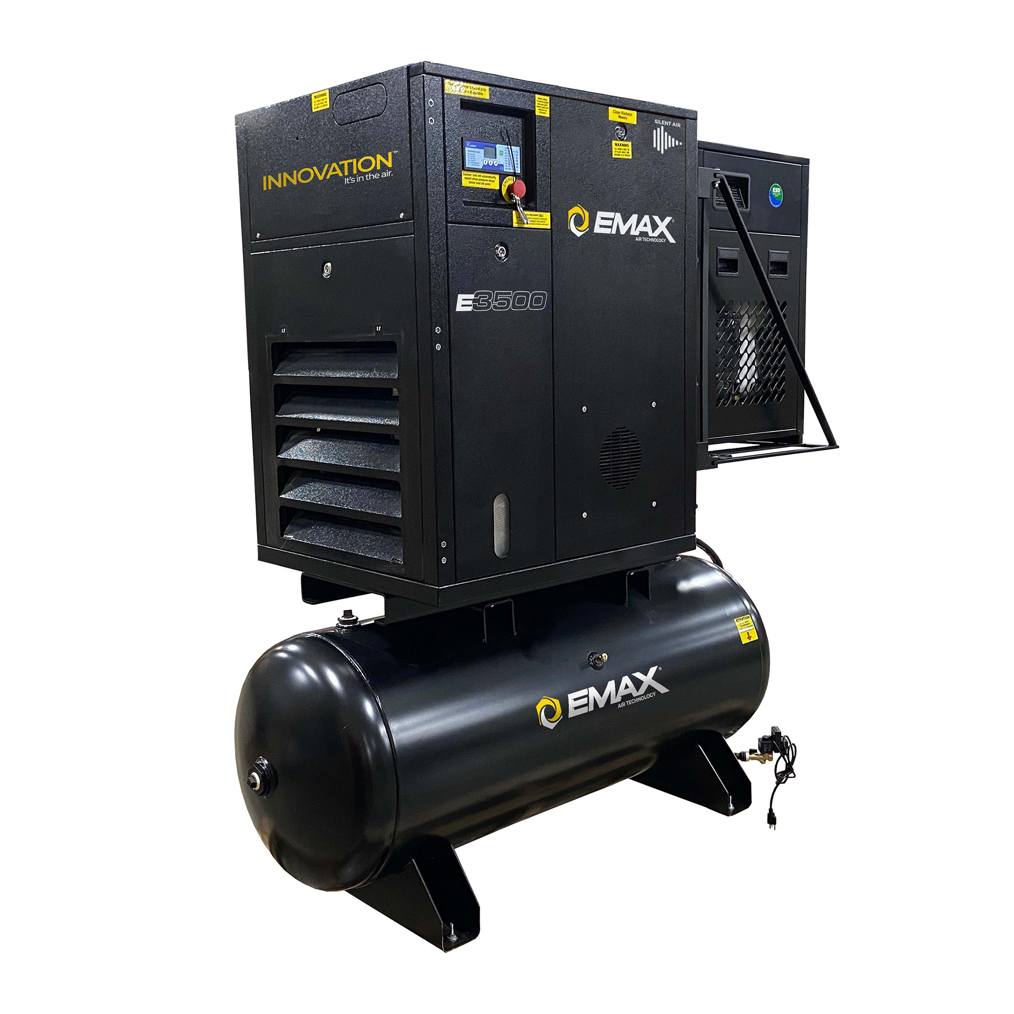 Emax, 1PH Rotary Screw Compressor Tank Mount w/Air Dryer, Horsepower 10 HP, Air Tank Size 80 Gal, Volts 230 Model# ERIK010001
